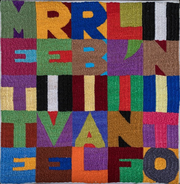 Alighiero Boetti, Mettere i verbi all'infinito, 1988. Ricamo su tessuto, 22x22 cm. 